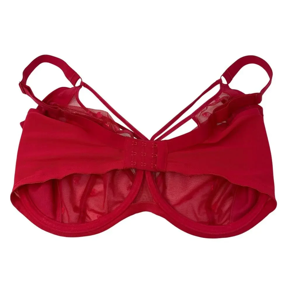 Elomi Sachi Underwire Plunge Bra Red Foil Hearts Strappy Mesh 36M